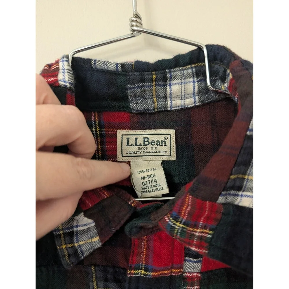 LL Bean‎ Mens Patchwork Madras Plaid Flannel Shirt Long Sleeve Holiday Christmas
